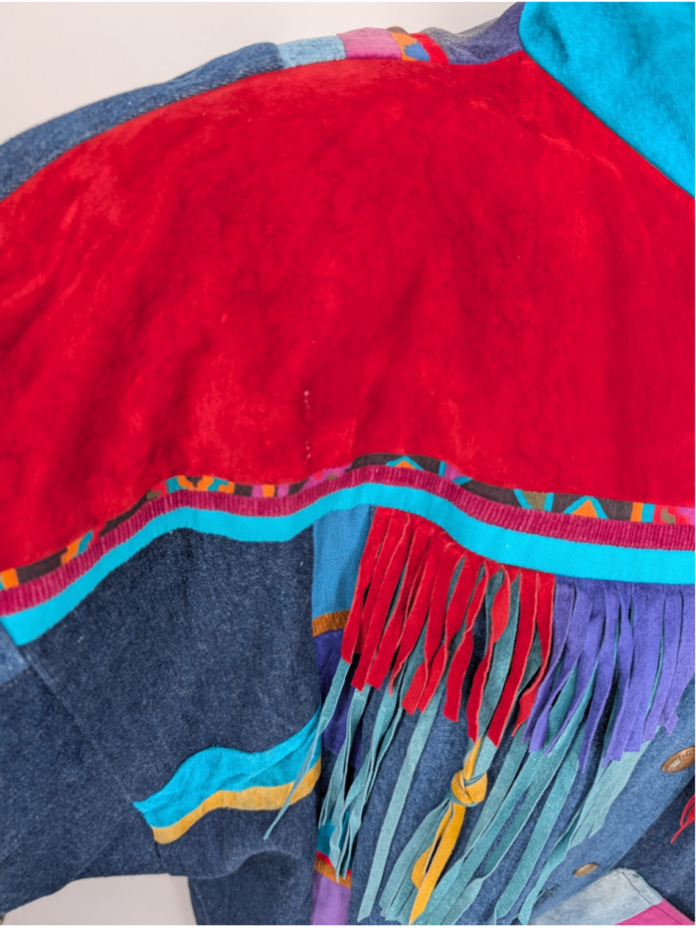 Vtg 90s Santa Fe Re-Creations L Mixed-Media Denim Suede Fringe Patchwork Jacket - Picture 14 of 16